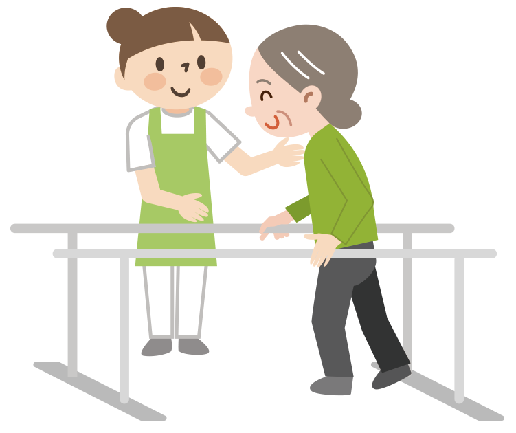 リハビリを行う女性とそれをサポートする介護士のイラスト