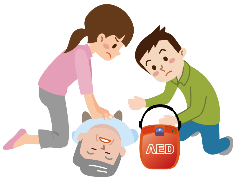心肺蘇生を行う女性とAEDを持つ男性のイラスト