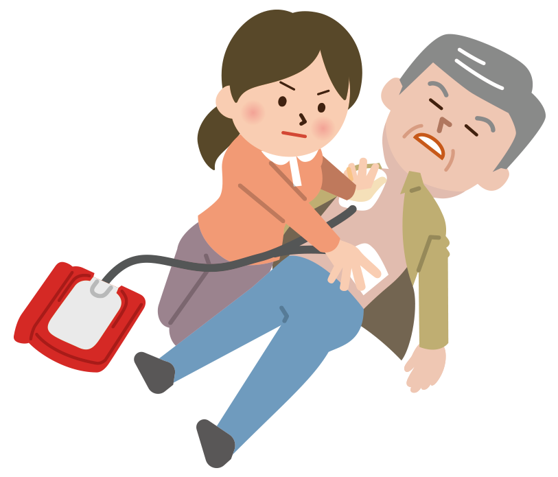 AEDのパッドを男性に貼る女性のイラスト