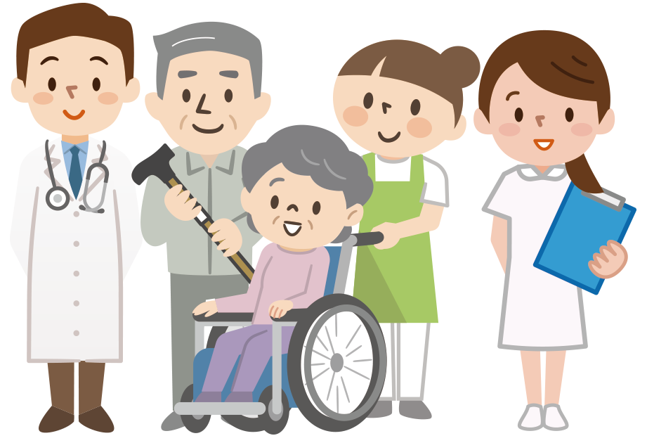 医師、介護士、看護師、家族のイラスト