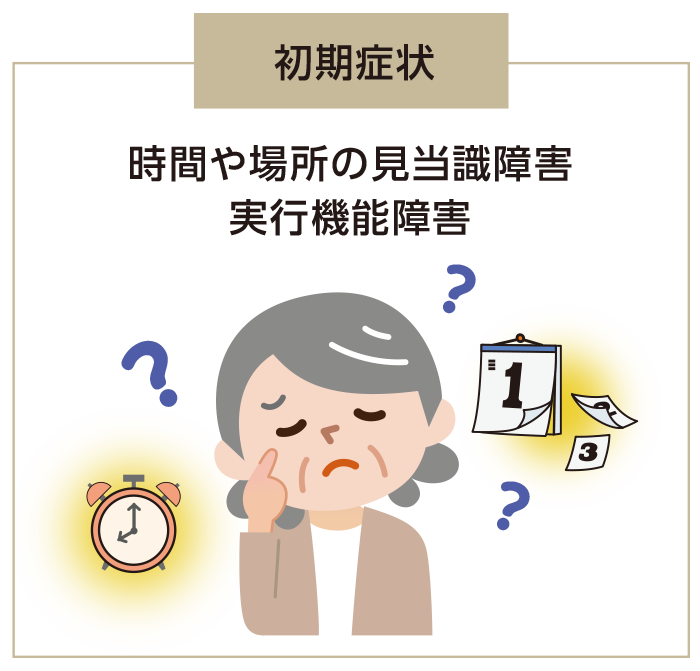 軽度な初期症状：時間や場所の見当識障害、実行機能障害