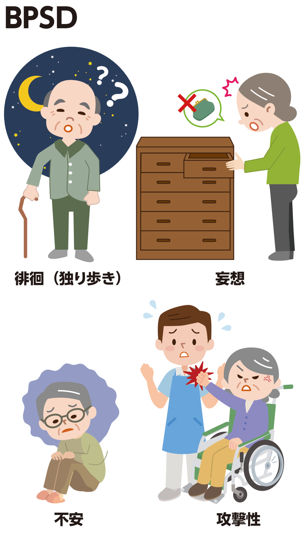 BPSD：徘徊（独り歩き）、妄想、不安、攻撃性