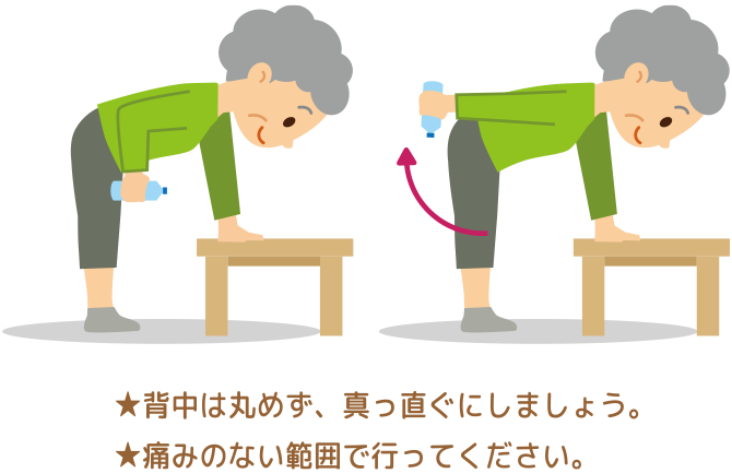 ★背中は丸めず、真っ直ぐにしましょう。★痛みのない範囲で行ってください。