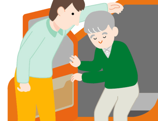 身体(からだ)を座席の方向へ回転させ、頭を深く下げながら座ってもらいます。