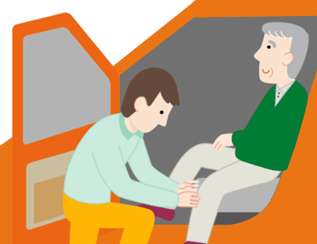 脚を順番に車内に入れ、身体(からだ)を前向きにします。