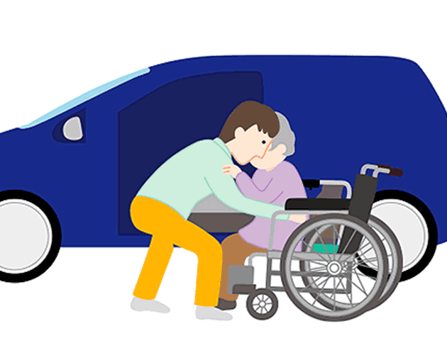 車椅子の方向へ回転させ、ゆっくり腰を下ろします。