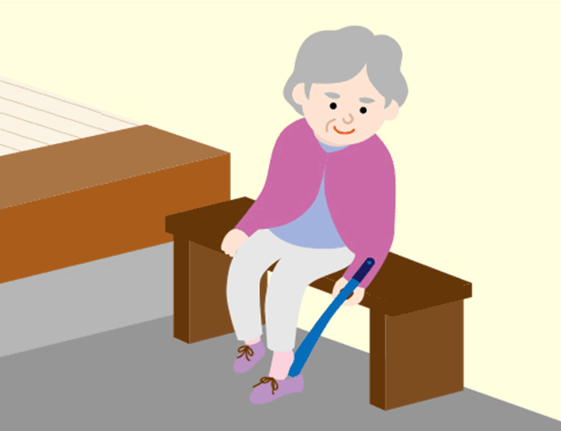 いすやベンチに座って靴を脱ぎ履きします。