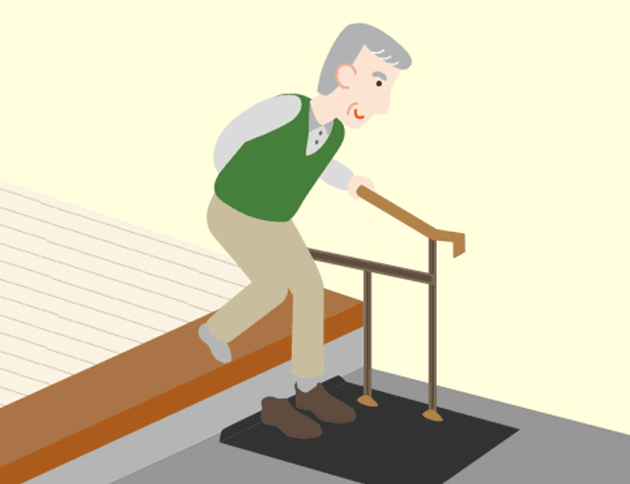 “据え置き型玄関用手すり” 手すりを握って姿勢を安定させ、上りおりします。