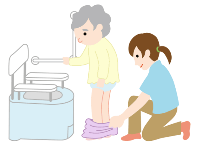 脱ぎ着(ぬぎき)しやすい衣服、座りやすい便座を。