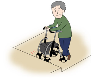 歩行車（ほこうしゃ）での段差にとまどう人のイラスト