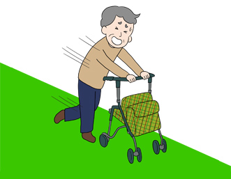 歩行車（ほこうしゃ）での坂道に困っている人のイラスト