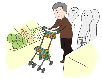 歩行車（ほこうしゃ）での買い物がしづらい人のイラスト