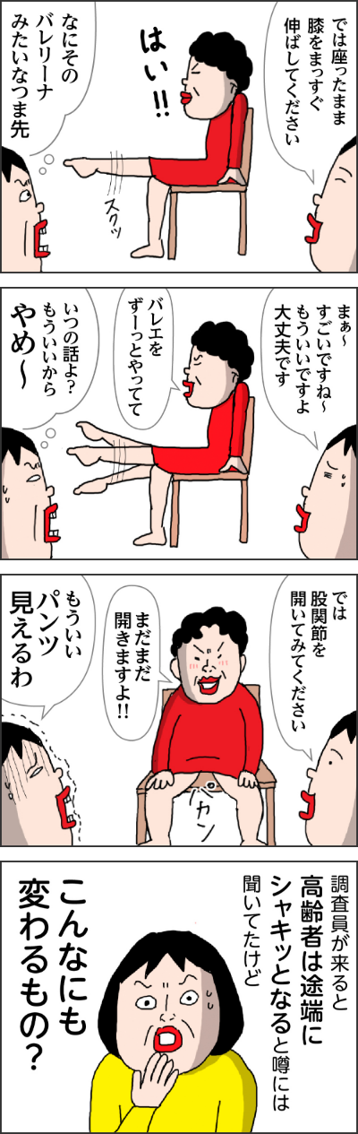 担当者「では座ったまま膝をまっすぐ伸ばしてください」 カータン(なにそのバレリーナ―みたいなつま先) 担当者「まぁ~すごいですね~もういいですよ大丈夫です」母「バレエずーっとやってて」カータン(いつの話よ?もういいからやめ~) 担当者「では股関節を開いてみたください」 母「まだまだ開きますよ」 カータン「もういいパンツ見えるわ」 調査員が来ると高齢者はとたんにシャキッとなると噂には聞いてたけどこんなにも変わるもの?