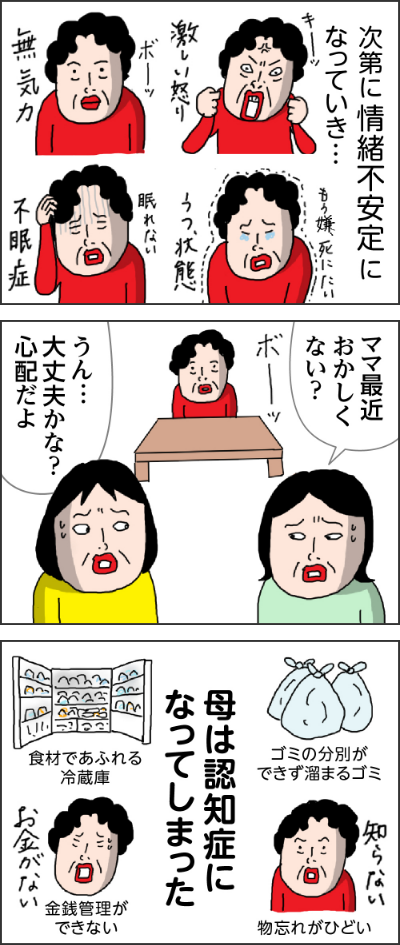 次第に情緒不安定になっていき…ママ最近おかしくない?うん...大丈夫かな?心配だよ母は認知症になってしまったゴミの分別ができず溜まるゴミ物忘れがひどい食材であふれる冷蔵庫金銭管理ができない