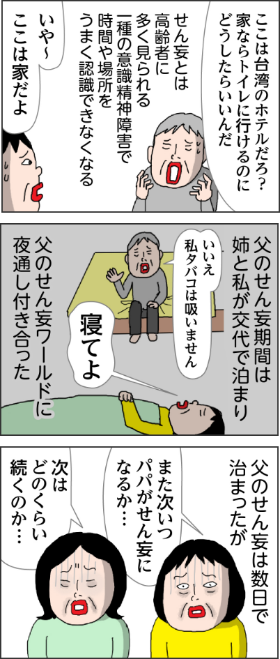 ここは台湾のホテルだろ?家ならトイレに行けるのにどうしたらいいんだせん妄とは高齢者に多く見られる一種の意識精神障害で時間や場所をうまく認識できなくなるいや~ここは家だよ父のせん妄期間は姉と私が交代で泊まりいいえ私タバコは吸いません寝てよ父のせん妄ワールドに夜通し付き合った父のせん妄は数日で治まったがまた次いつパパがせん妄になるか…次はどのくらい続くのか…お腹が空いたから夕飯を用意してほしいわかったわ持ってくるわね1時間経過ーちょっとーあらどうしたの?そんなことのくり返しでパパは最近あまりご飯を食べていない