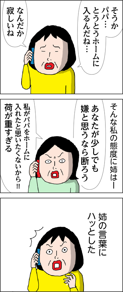 そうかパパ⋯とうとうホームに入るんだね⋯なんだか寂しいねそんな私の態度に姉はーあなたが少しでも嫌と思うなら断ろう私がパパをホームに入れたと思いたくないから!!!荷が重すぎる姉の言葉にハッとした