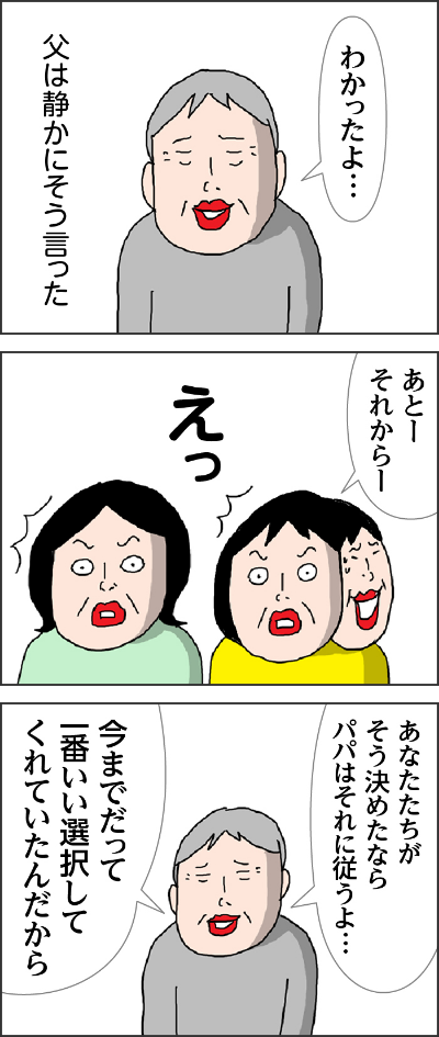 わかったよ…父は静かにそう言ったあとーそれからーえっあなたたちがそう決めたならパパはそれに従うよ…今までだって一番いい選択してくれていたんだから