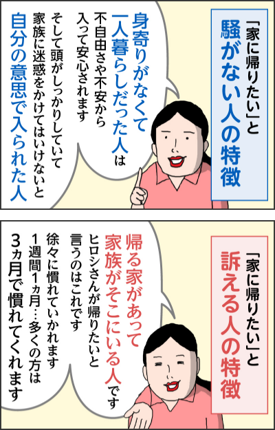 家に帰りたいと騒がない人の特徴 身寄りがなくて一人暮らしだった人は不自由さや不安から入って安心されます そして頭がしっかりしていて家族に迷惑をかけてはいけないと自分の意思で入られた人 家に帰りたいと訴える人の特徴 帰る家があって家族がそこにいる人です ヒロシさんが帰りたいと言うのはこれです 徐々に慣れていかれます 1週間1ヵ月・・・多くの方は3ヵ月で慣れてくれます