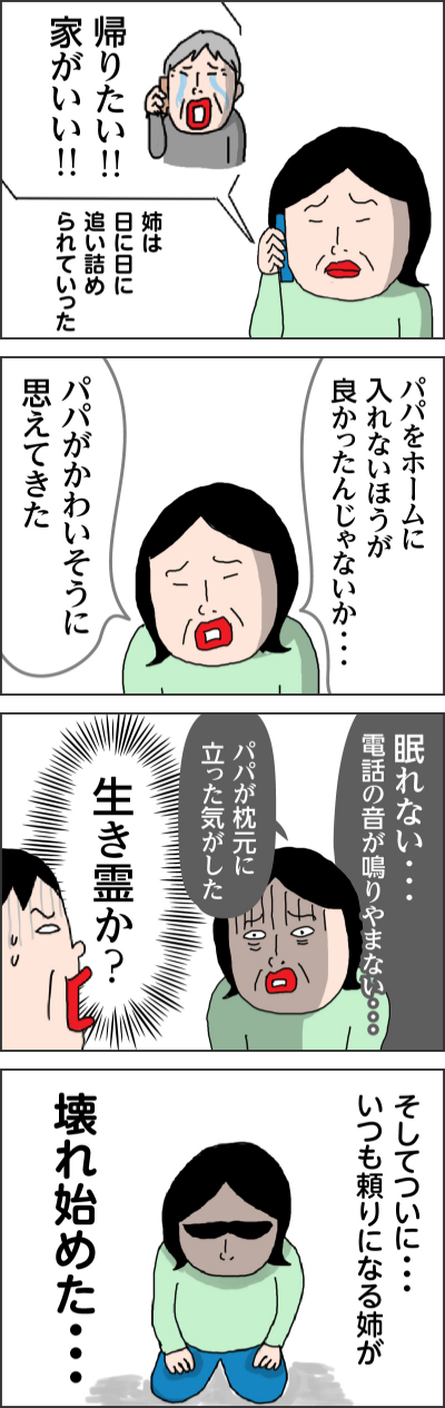 帰りたい!!家がいい!! 姉は日に日に追い詰められていった パパをホームに入れないほうが良かったんじゃないか・・・ パパがかわいそうに思えてきた 眠れない・・・電話の音が鳴りやまない・・・ パパが枕元に立った気がした 生き霊か? そしてついに・・・ いつも頼りになる姉が 壊れ始めた・・・
