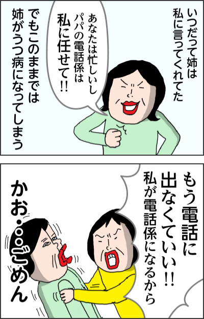 いつだって姉は私に言ってくれてた あなたは忙しいしパパの電話係は私に任せて!!! でもこのままでは姉がうつ病になってしまう もう電話に出なくていい!!私が電話係になるから かお・・・ごめん