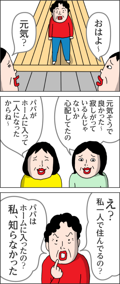 おはよ～元気？元気そうで良かった～　寂しがっているんじゃないか心配してたのパパがホームに入って一人になったからね～え？私一人で住んでるの？パパはホームに入ったの？私、知らなかった