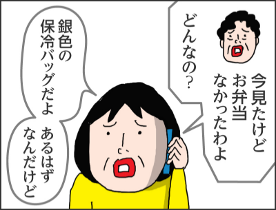 今見たけどお弁当なかったわよどんなの?銀色の保冷バッグだよあるはずなんだけど