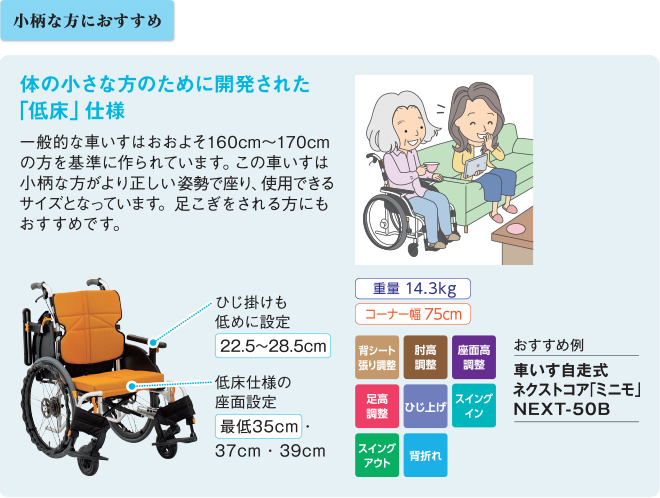 小柄な方におすすめ、体（からだ）の小さなかたのために開発された「低床（ていしょう）」仕様。一般的な車いすはおおよそ160㎝～170㎝の方を基準に作られています。この車いすは小柄なかたがより正しい姿勢で座り、使用できるサイズとなっています。足こぎをされるかたにもおすすめです。以下車いすのサイズ、ひじ掛けも低めに設定：22.5～28.5㎝、低床（ていしょう）仕様の座面（ざめん）設定：最低35・37・39㎝、重量14.3㎏、コーナー幅75㎝、背シート張り調整、肘高（ひじだか）調整、座面高（ざめんだか）調整、足高調整、ひじ上げ、スイングイン、スイングアウト、背折れ、おすすめ例：車いす自走式（じそうしき）ネクストコア「ミニモ」NEXT-50B
